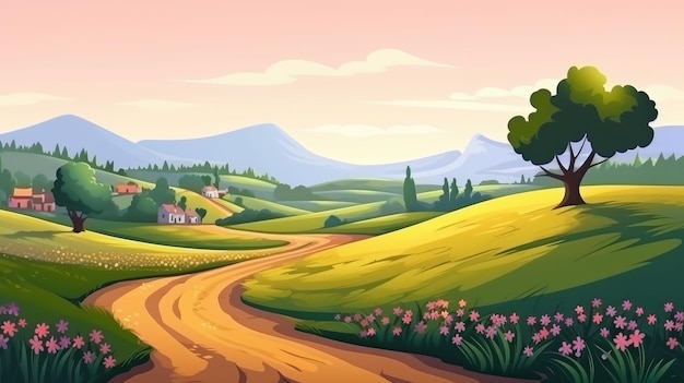 Prachtig landschap natuur bergbeeld achtergrond illustratie met weg