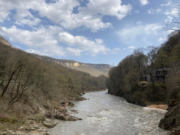 Prachtig landschap van bergrivier in verbazingwekkende en mysterieuze natuur Bergwaterweg die door bergachtig terrein stroomt