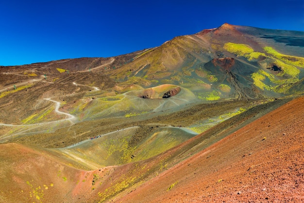 Prachtig landschap van de Etna met talloze kraters en een groep toeristen die in de buurt van een van hen staan. Sicilië, Italië