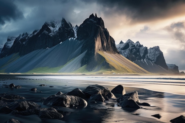 Prachtig landschap van de Vestrahorn berg in IJsland Getoond Majestic zomer scène van Stokksnes landtong met Vestrahorn Batman Mountain op de achtergrond AI Generated