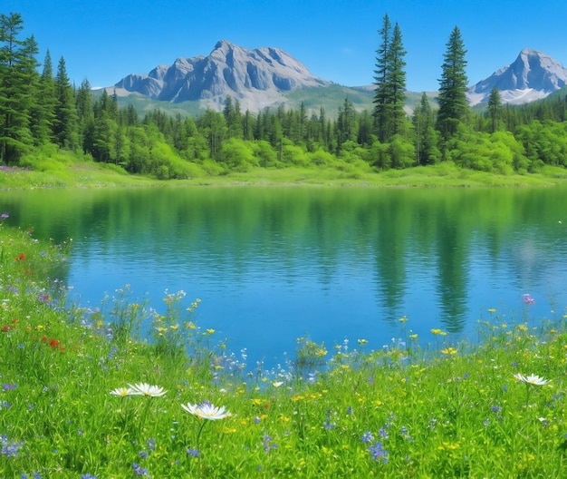 Prachtig landschap van een meer omgeven door bloemen