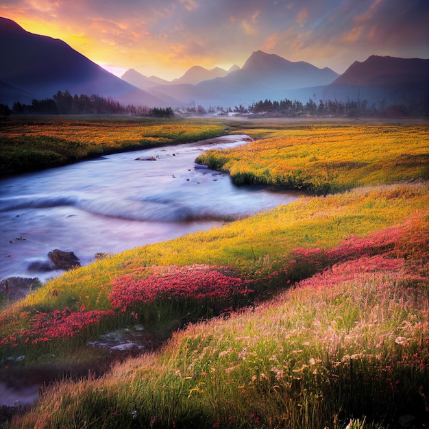 Prachtig landschap van een veld met bloemen en rivier in de bergen bij dageraad