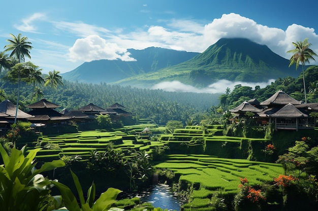 Prachtig landschap van groene rijstvelden op Bali met hutten en uitzicht op de natuur op heldere dag