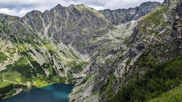 Prachtig landschap van meren en bergen onder bewolkte blauwe hemel als behang, poster, achtergrond