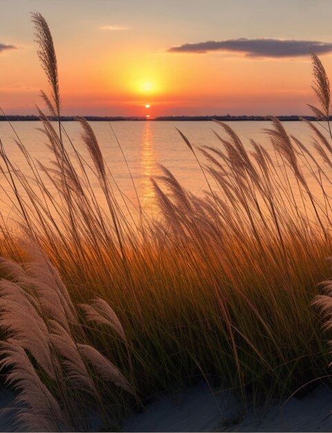 Foto prachtig landschap van phragmites planten bij de zee bij zonsondergang