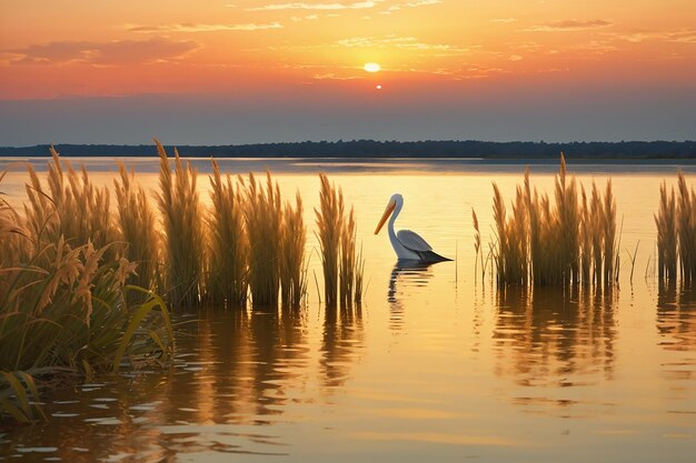 Foto prachtig landschap van phragmites planten bij de zee met een zwemmende pelikaan bij zonsondergang