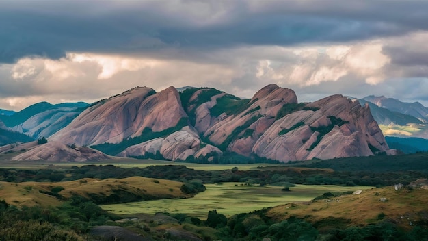 Prachtig landschap van rotsachtige bergen met een groen landschap onder een bewolkte lucht