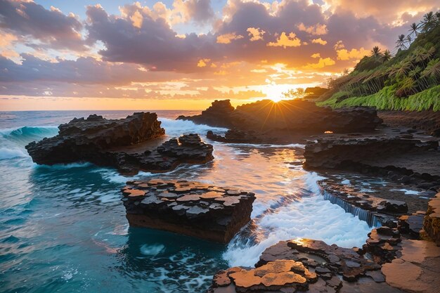 Prachtig landschap van rotsformaties aan zee bij Queens Bath Kauai Hawaï bij zonsondergang