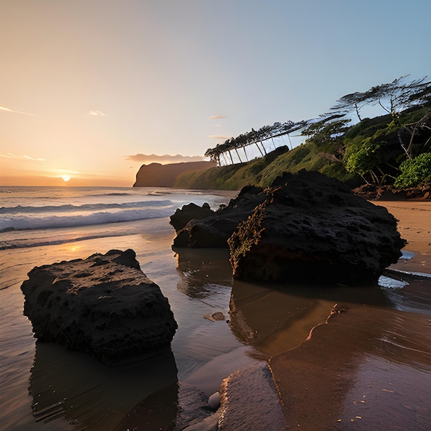 Prachtig landschap van rotsformaties bij de zee bij Queens Bath Kauai Hawaii bij zonsondergang