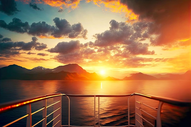 Foto prachtig landschap van zonsondergang over zee met wolken op de achtergrond van heuvels vanuit het zicht vanaf het scheepsdek