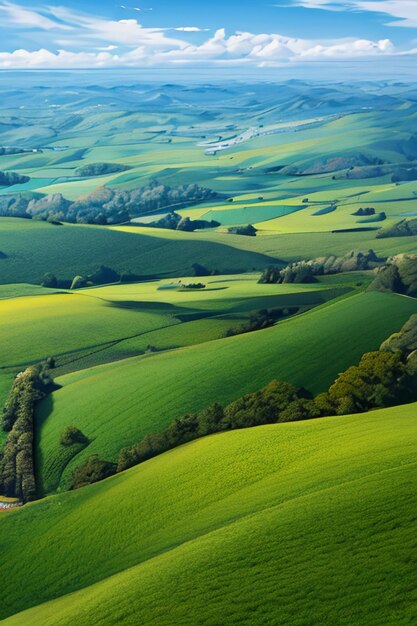 Prachtig landschap wallpaper achtergrond cartoon komische stijl buiten berghuis grasbloemen