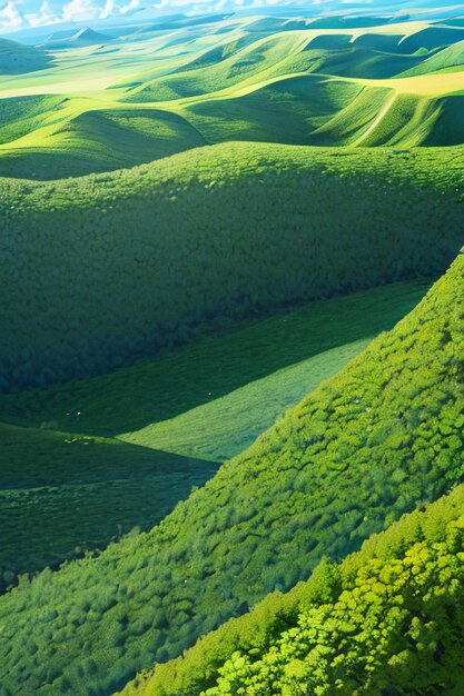 Foto prachtig landschap wallpaper achtergrond cartoon komische stijl buiten berghuis grasbloemen