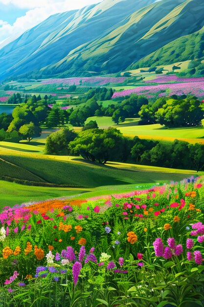 Foto prachtig landschap wallpaper achtergrond cartoon komische stijl buiten berghuis grasbloemen