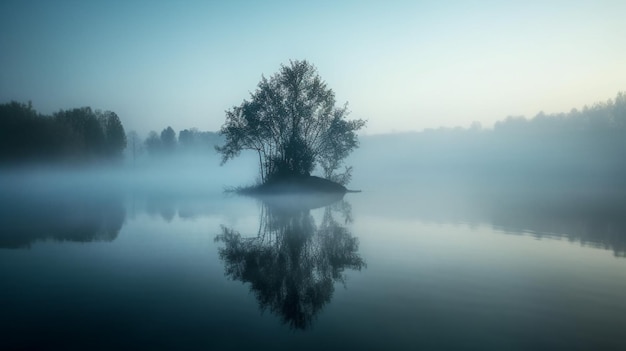 Prachtig landschapsbeeld van dennenbos en uitzicht op het meer met zongloed en mist over een meer Lakeshore generatieve AI