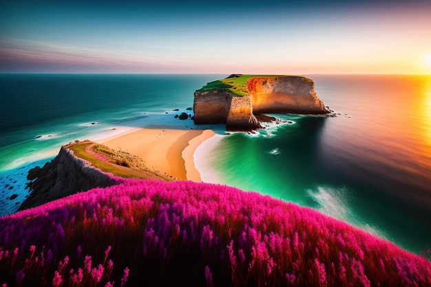 Prachtig lentelandschap Kleurrijke ochtendscène Fantastische zonsopgang Schilderachtig zeegezicht van Mediter
