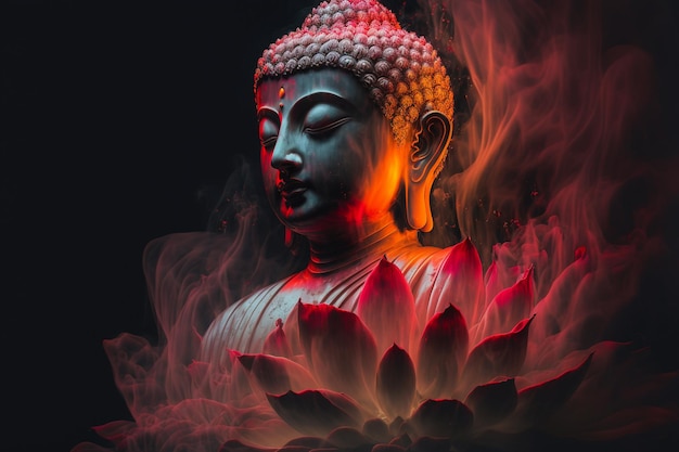 Prachtig lichtspectrum Buddha39s licht knipperend Helder rood geel lotusbloem brandende wolkachtige bloemblaadjes omgeven door magische chaos licht witte rook vallend gereflecteerd licht waterpatroon