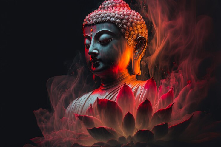 Prachtig lichtspectrum Buddha39s licht knipperend Helder rood geel lotusbloem brandende wolkachtige bloemblaadjes omgeven door magische chaos licht witte rook vallend gereflecteerd licht waterpatroon