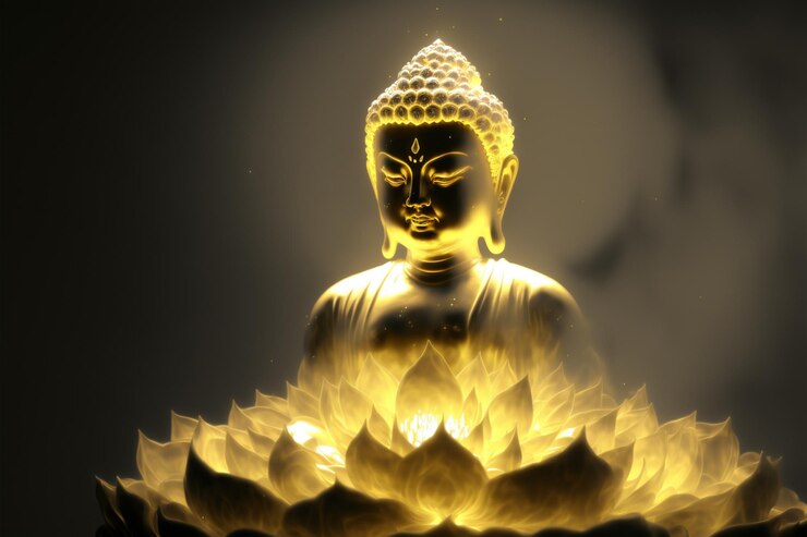 Prachtig lichtspectrum Buddha39s licht knipperend Helder rood geel lotusbloem brandende wolkachtige bloemblaadjes omgeven door magische chaos licht witte rook vallend gereflecteerd licht waterpatroon