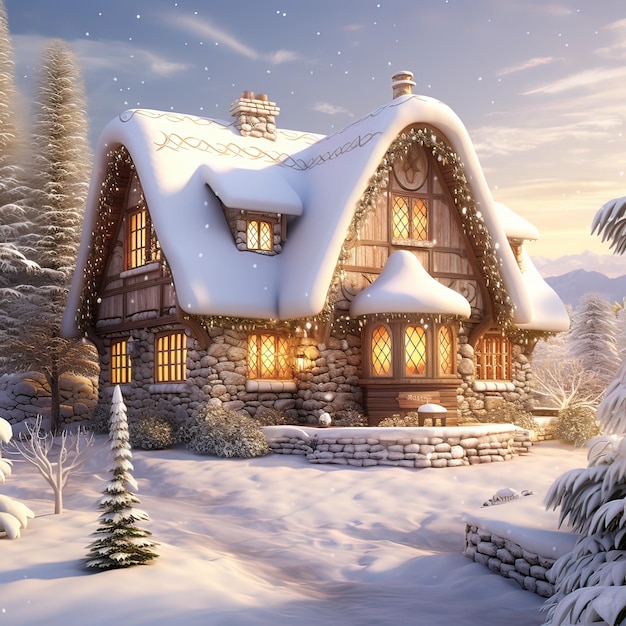 Prachtig magisch winterhuis met sneeuw Generatieve ai