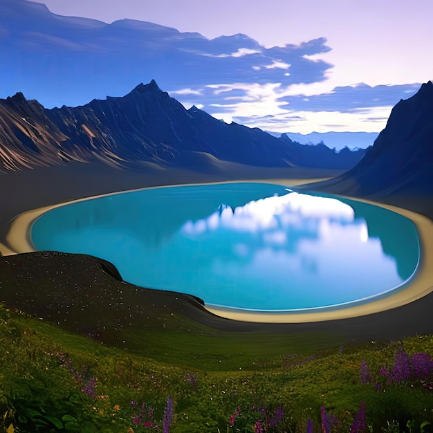 prachtig meer in een vallei met groene weiden en blauwe lucht