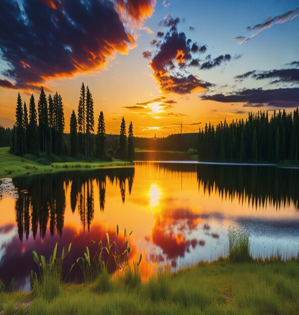 Prachtig meer omringd door grasbossen en kleurrijke gouden zonsondergang reflat op water