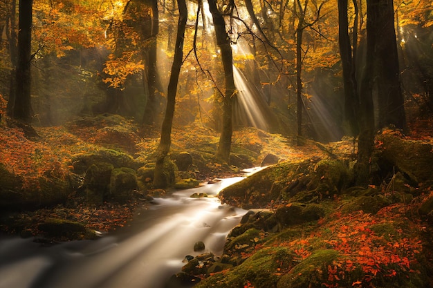 Prachtig mistig bos in de herfst