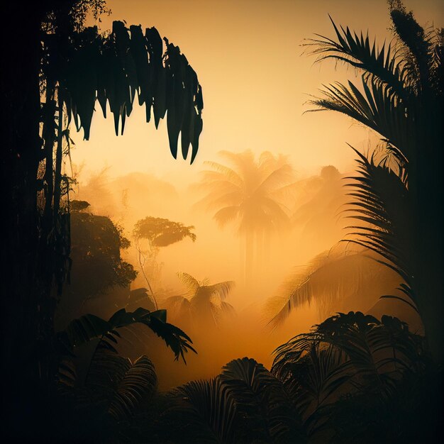 Prachtig mistig jungle boslandschap bij zonsondergang of zonsopgang Generatieve AI