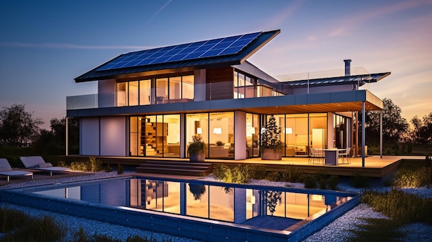 Prachtig modern huis met zonnepanelen en generatieve AI in een zonsondergang