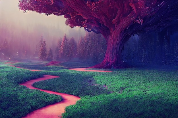Prachtig mystiek bosKleurrijk landschap met betoverde bomen 3D-rendering rasterillustratie