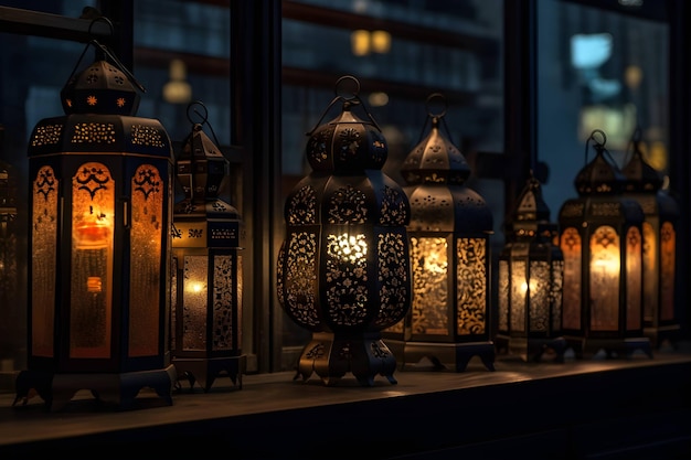 Prachtig nachtbeeld met gloeiende lantaarns.