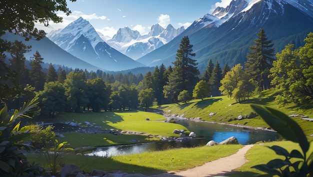 Prachtig natuurlijk landschap van bossen en bergen voor behang