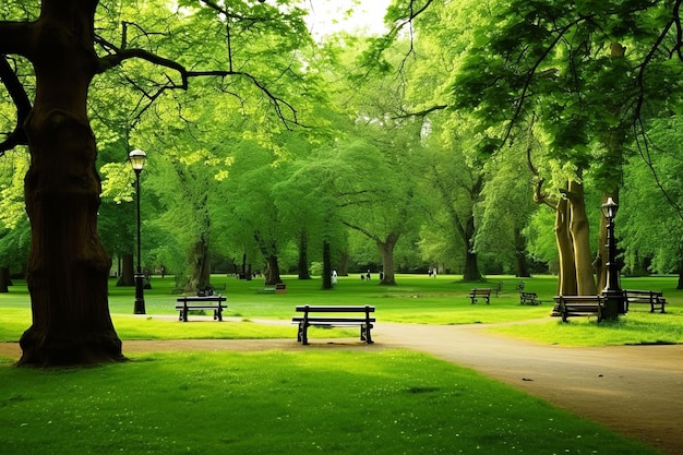 Prachtig openbaar park met groen grasveld bij ochtendlicht Gemaakt met generatieve AI-technologie