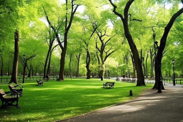 Prachtig openbaar park met groen grasveld bij ochtendlicht Gemaakt met generatieve AI-technologie