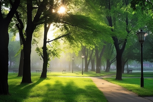 Prachtig openbaar park met groen grasveld bij ochtendlicht Gemaakt met generatieve AI-technologie