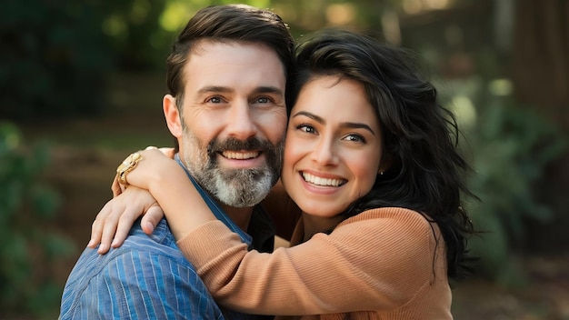 Prachtig paar Amerikaanse man met baard en tedere oosterse vrouw knuffelen elkaar