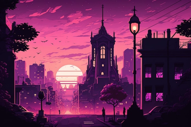 Prachtig paars een zonsonderganghemel en een stadsbeeld als de avond valt Vanilleroze en violette tinten