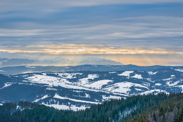 Prachtig panorama van berghellingen met paden met uitzicht op de heuvels en naaldbossen, bewolkt en ijzig op een winteravond