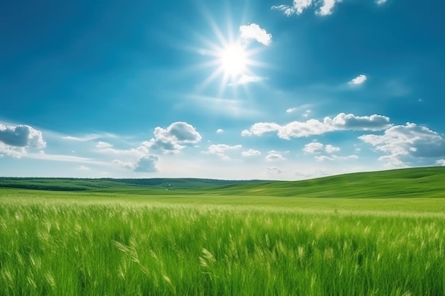 Prachtig panoramisch natuurlijk landschap van een groen veld met gras tegen een blauwe lucht met zon Lente zomer onscherpe achtergrond