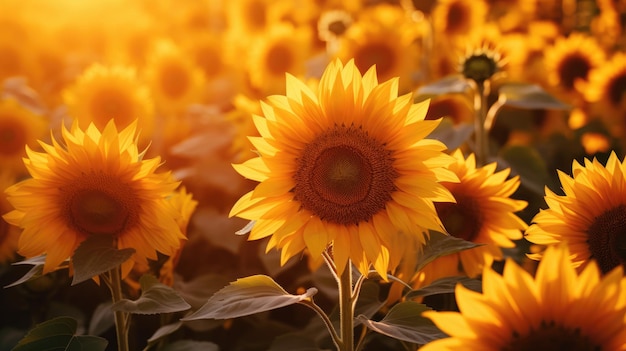 Prachtig panoramisch uitzicht op een veld met zonnebloemen in het licht van de ondergaande zon Gele zonnebloem