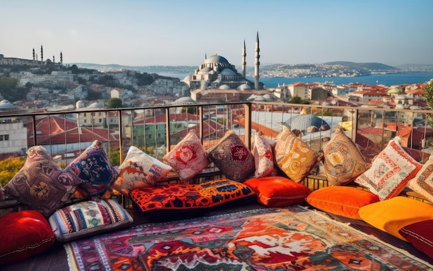 Prachtig panoramisch uitzicht over Istanbul vanaf een hoog terras, versierd met traditionele generatieve AI