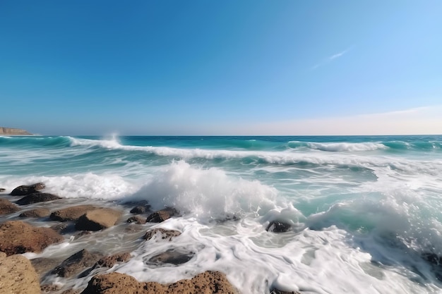 Prachtig panoramisch zeegebied met golven tegen een blauwe zonnige hemel met wolken Ai Generative