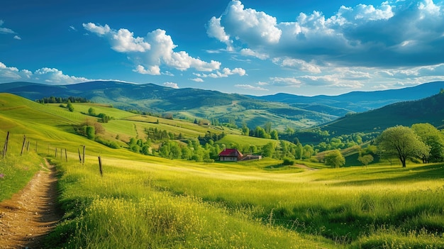 prachtig platteland van roemenië zonnige middag prachtig voorjaarslandschap in bergen grasveld en glooiende heuvels landelijk landschap