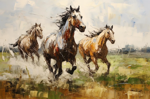 Prachtig schilderij van een kudde paarden die in het midden van de weide rijdt Wilddieren Illustratie Generatieve AI