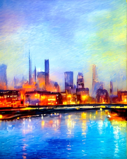 Prachtig schilderij van stadsgezicht met rivier en prachtig avondlicht in impressionistische stijl
