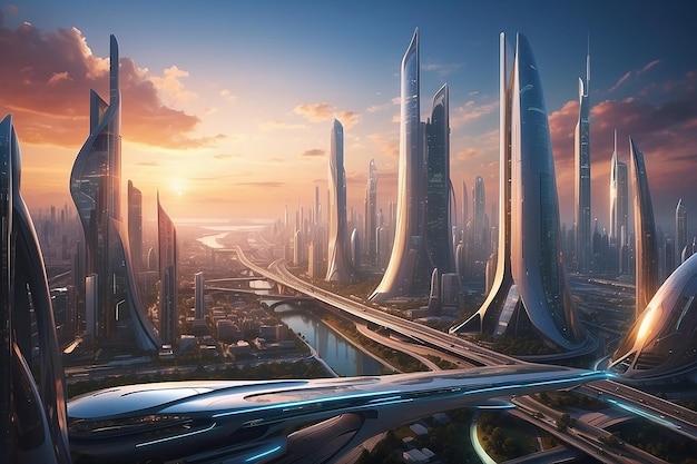 Prachtig stadsbeeld met een futuristische stad bij zonsondergang