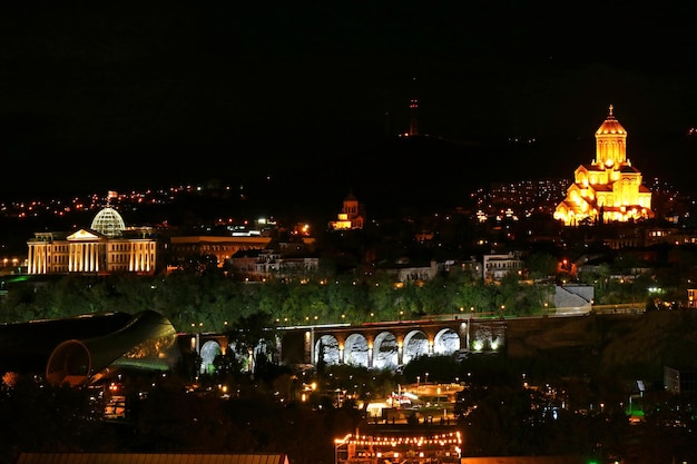 Prachtig stadsgezicht van Tbilisi 's nachts met het presidentieel paleis en de kathedraal van de Heilige Drie-eenheid van Tbilisi, Georgië