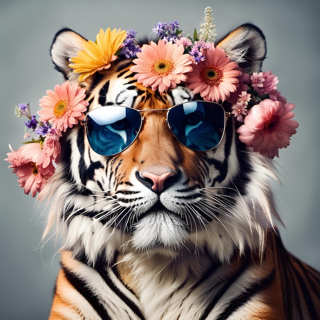 Prachtig stoer tijgerportret in zonnebril met bloemen op hoofd
