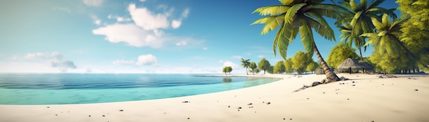 Prachtig strand met palmbomen en turquoise zee Kunst Zomervakantie oceaan met eiland op de achtergrond Generatieve AI