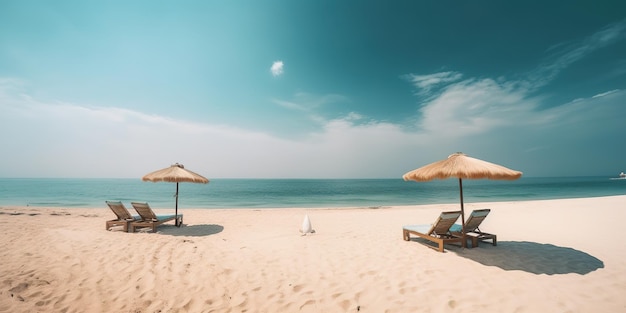 Prachtig tropisch landschap ligbedden Wit zand zeezicht met horizon kalmte en ontspanning