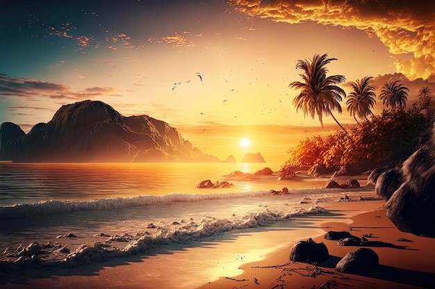 Prachtig tropisch landschap van geweldig strand in het zomerseizoen met zonsondergang op de achtergrond